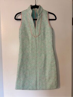 Sail to Sable Mint Geo-Print Sleeveless Shift Dress with Pink Trim, Size XXS